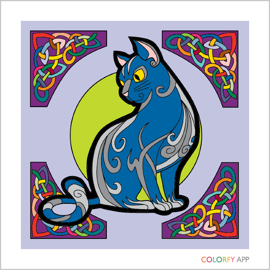 A cat in sky colours surrounded by rainbow celtic knots